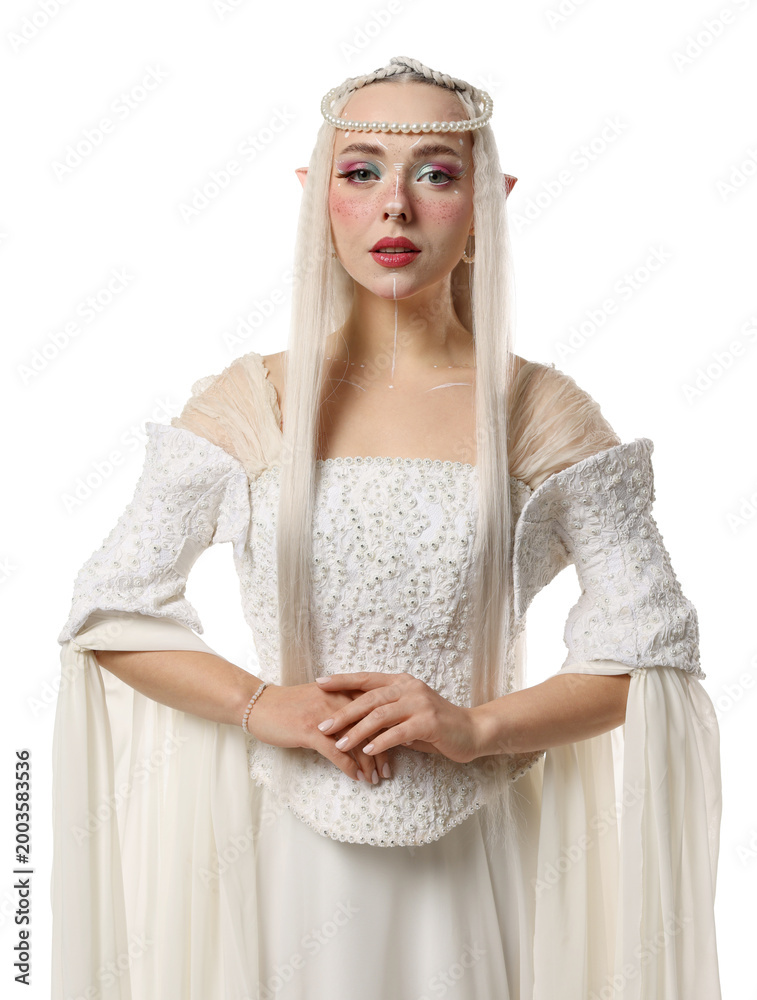 Fototapeta premium Beautiful girl dressed as elf on white background