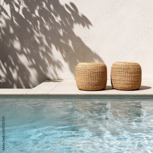 Poolside Seating With Woven Stools Reflecting in Water Under Natural Light