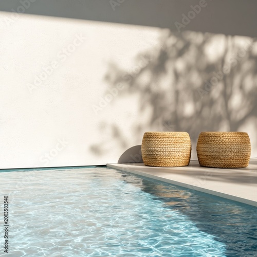 Poolside Seating With Woven Stools Reflecting in Water Under Natural Light
