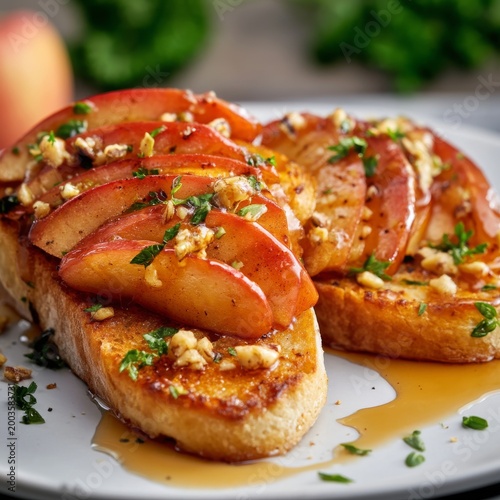 Grilled Toast With Peaches and Walnuts on a White Plate With Drinks in the Ba...