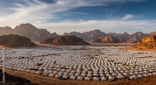 Vast Desert Camp: Rows of White Tents Under Dramatic Mountain Landscape