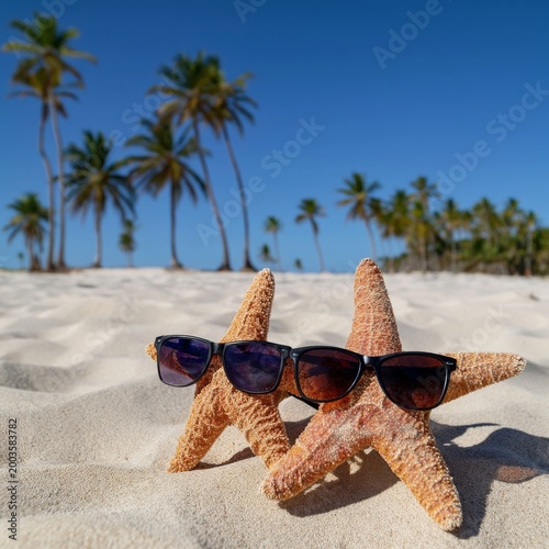Starfish Wearing Sunglasses on a Sunny Beach With Palm Trees in the Background
