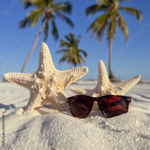 Starfish Wear Sunglasses on a Beach With Palm Trees Under a Clear Sky