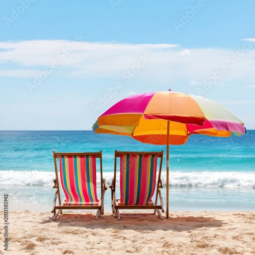 Bright Beach Scene Showing Two Chairs and an Umbrella Under a Clear Blue Sky