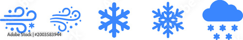 Weather icons set including wind, rain, snowflake, and cloud with snow, various meteorological symbols in blue color, used for forecasting and climate apps, isolated on white background.