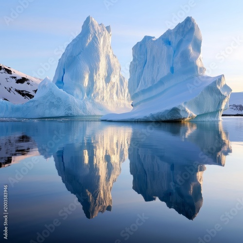 Icebergs Float in Calm Water Under Blue Sky in the Antarctic Region Near the ...