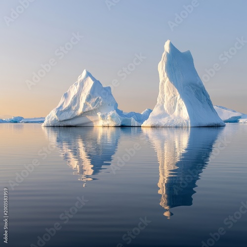 Icebergs Float in Calm Water During Sunrise in a Cold Landscape in the Arctic...