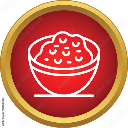 Bowl of rice icon in a red circle with golden frame