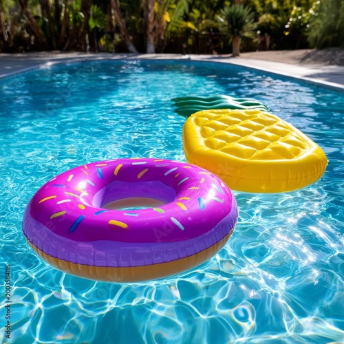 Colorful Pool Floats on a Sunny Day in a Swimming Pool