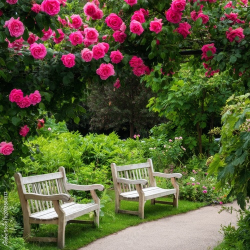 Benches Along a Path Surrounded by Pink Roses in a Garden During Daylight Hours