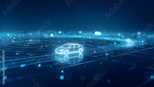 Futuristic autonomous electric car hologram on a digital data grid