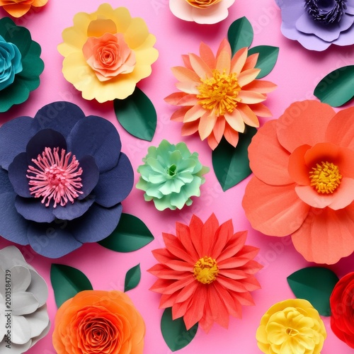 Colorful Paper Flowers Arranged on Pink Background for Decoration or Craft Pu...