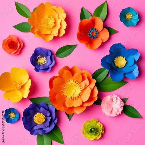 Colorful Paper Flowers Arranged on a Pink Background With Various Shapes and ...