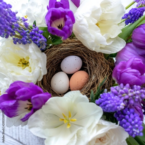 Colorful Nest With Decorated Eggs Surrounded by Flowers in Springtime