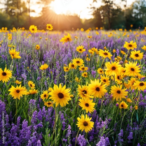 Sunlight Shines on Yellow and Purple Flowers in a Field During Early Evening ...