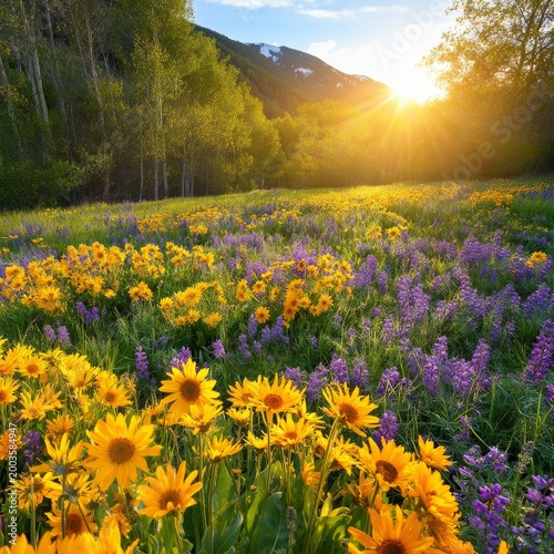 Sunlight Shines on Yellow and Purple Flowers in a Field During Early Evening ...