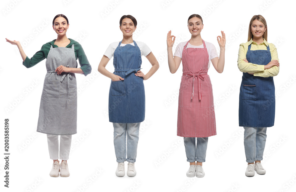 Obraz premium Women wearing different aprons on white background. Collection of portraits
