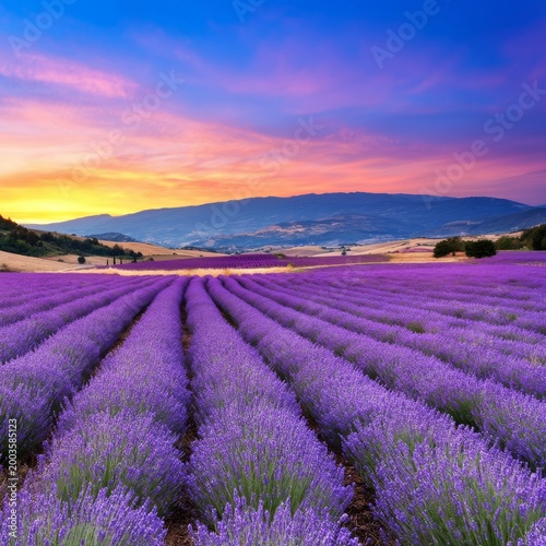 Lavender Fields Stretch Across Hillsides Under a Colorful Sunset in a Rural Area