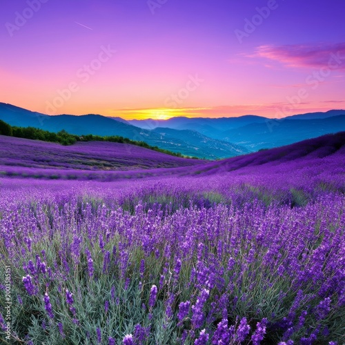 Lavender Fields Stretch Across Hillsides Under a Colorful Sunset in a Rural Area
