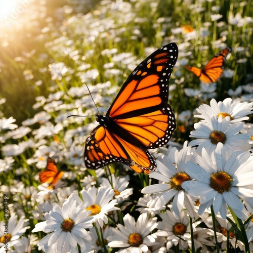 Butterflies Flutter Above White Flowers During Golden Hour in a Sunny Field