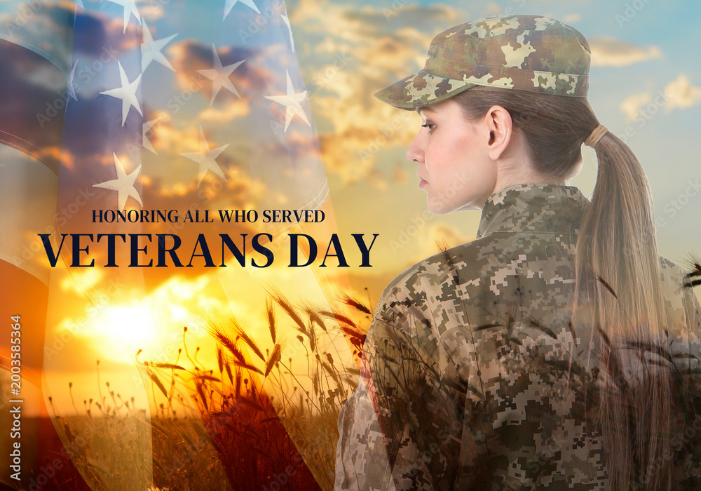Naklejka premium Veterans Day poster. Female soldier and flag of USA against field at sunset, double exposure