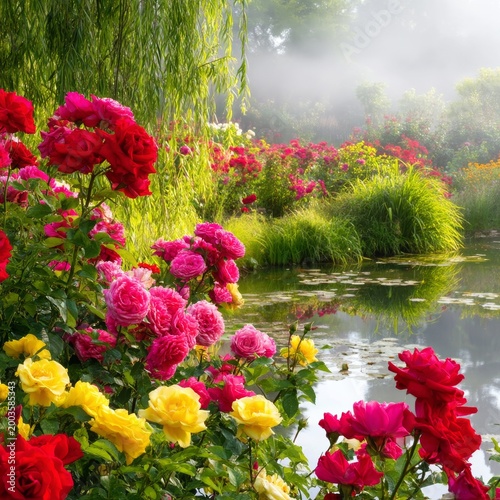 Colorful Flowers Bloom Near a Calm Pond in a Garden During Early Morning Fog