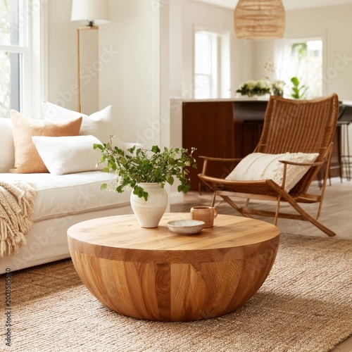 Cozy Living Room With a Wooden Coffee Table and Bright Natural Light in a Mod...