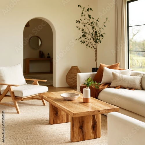 Cozy Living Room With a Wooden Coffee Table and Bright Natural Light in a Mod...