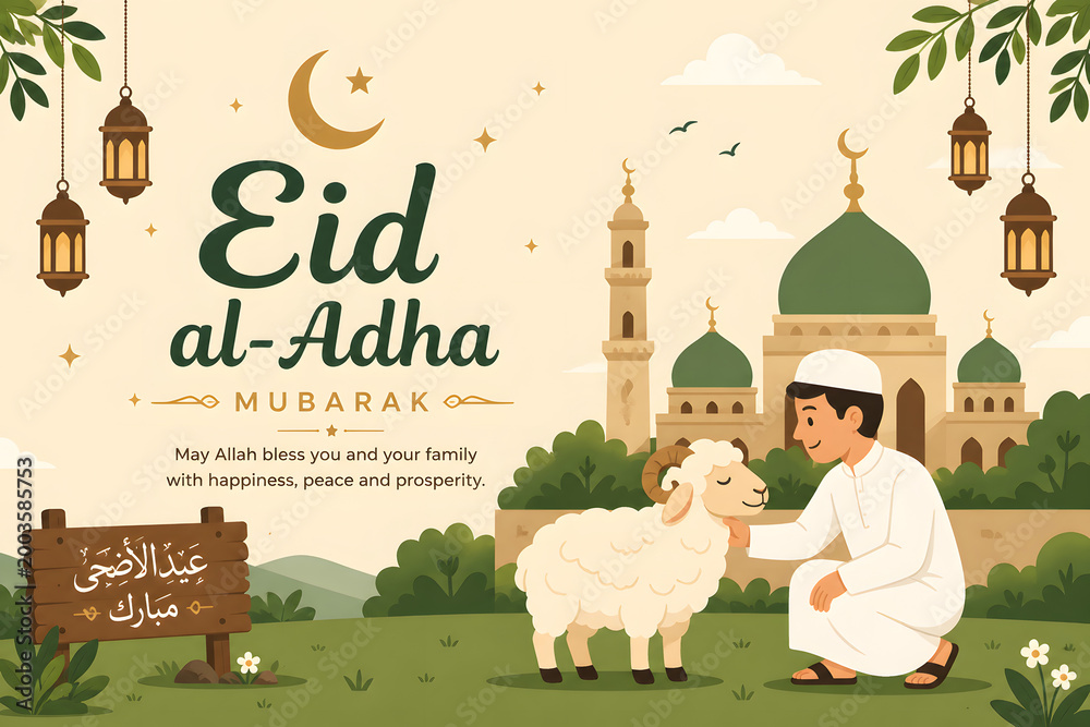 Naklejka premium eid al adha mubarak greeting card with mosque and boy feeding sheep at sunset