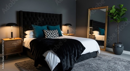 This sophisticated and modern bedroom features a luxurious black tufted headboard on a large bed, adorned with contrasting teal and black patterned cushions, a soft white duvet, and a plush black thro
