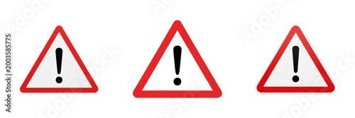 Set and collection of red triangle warning sign isolated on white transparent png background
