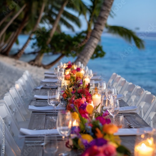Elegant Dinner Setup on the Beach With Candles and Flowers Near the Water at ...