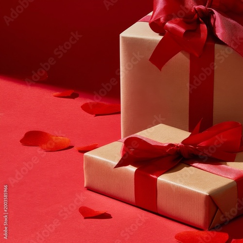 Gifts and Hearts on a Bright Red Background for a Festive Celebration or Spec...