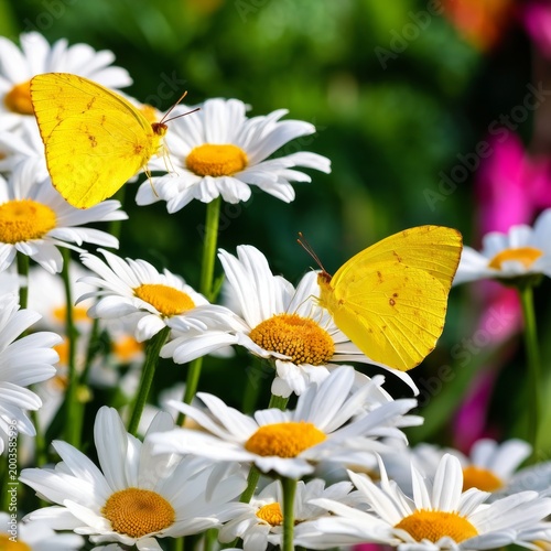 Yellow Butterflies Gather on White Flowers in a Garden During a Sunny Day in ...