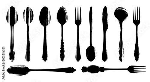 A collection of various utensils and cutlery.