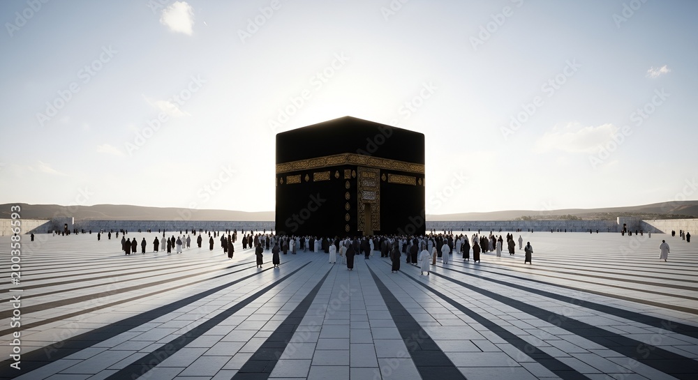 Fototapeta premium Kaaba, Mecca: Pilgrims gather in the vast courtyard at sunrise, casting long shadows.