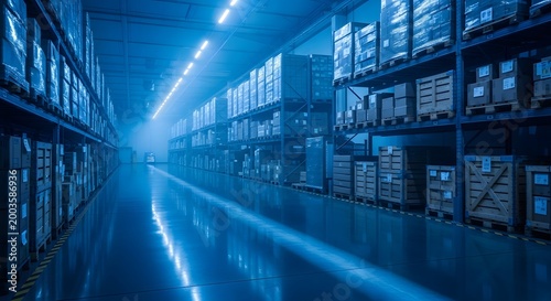 Cold room corridor with reflective floors stacked boxes and dramatic blue lighting in a realistic warehouse interior