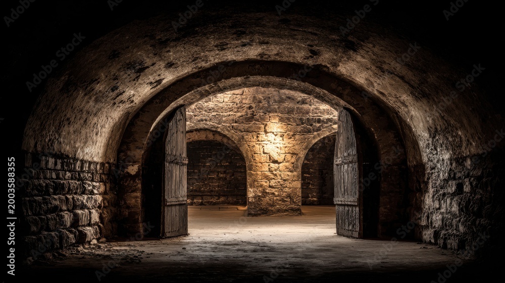 Fototapeta premium Ancient Stone Archway Interior Leading into Dimly Lit Vaulted Chambers with Old Wooden Doors