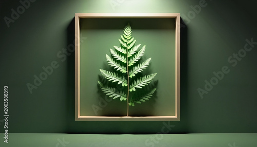 Framed green fern leaf on dark green background  
