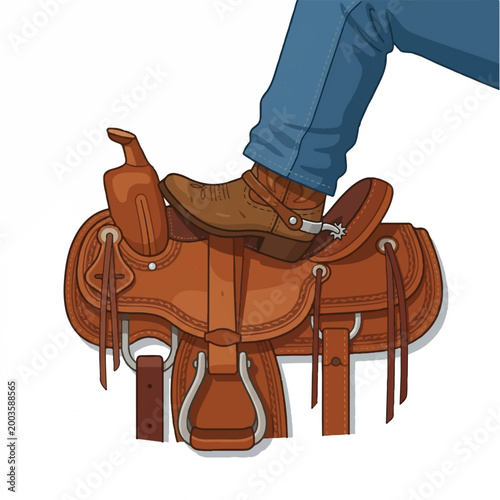 Close-up of a person riding a saddle on a horse with jeans and boots.
