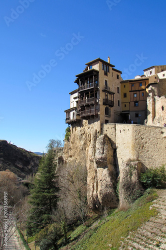 Hanging houses built on cliff edge in historic Cuenca old town Spain.