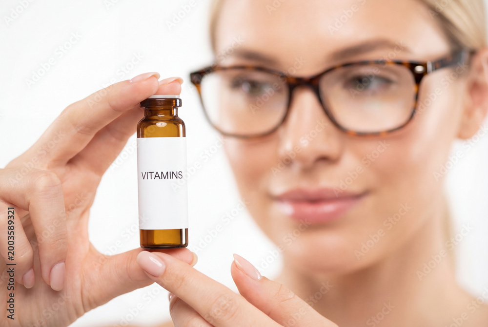 Fototapeta premium Woman with glasses inspects vitamin bottle for health and wellness