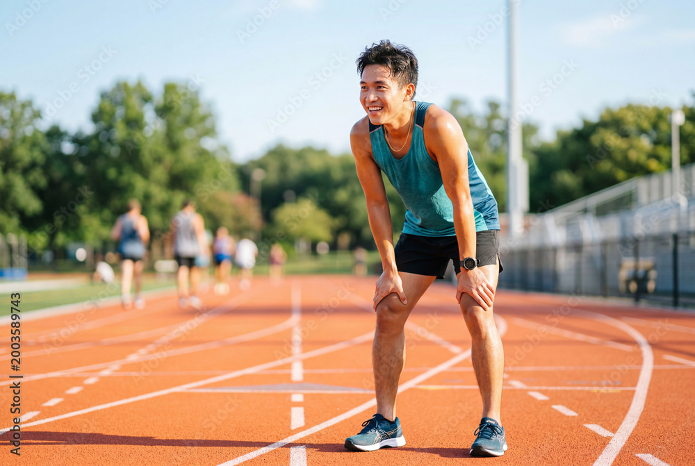 Fototapeta premium Tired male runner resting on an outdoor running track