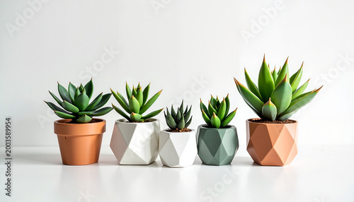 Succulent plants in decorative pots on white background
