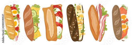 Collection of assorted sandwiches with different fillings including bacon, eggs, cheese, vegetables and salmon. Perfect for cafe and restaurant menus, food delivery apps, packaging design