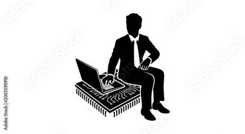 Businessman sitting on a circuit board with laptop.