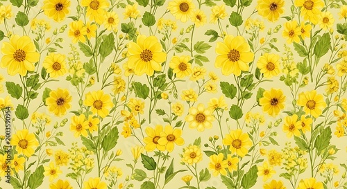 A vibrant seamless pattern featuring various yellow flowers and green leaves on a soft yellow background, creating a cheerful botanical design.