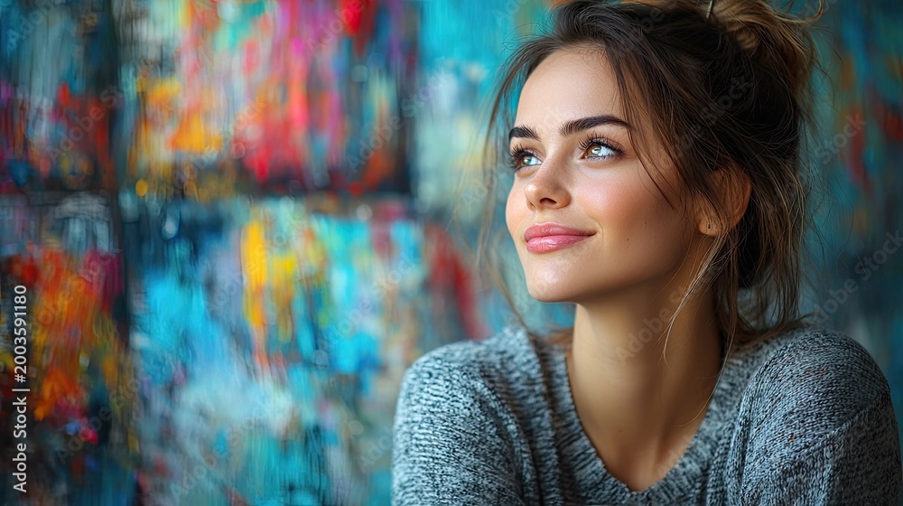 Naklejka premium Dreamy Young Woman Looking Away Against Colorful Abstract Painted Background