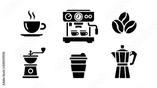 Coffee icons including coffee machine and beans on white background
