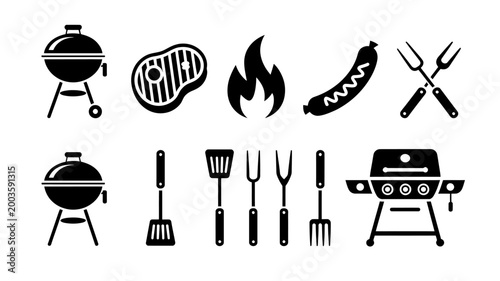 Black silhouettes of barbecue grills utensils and food on white background
